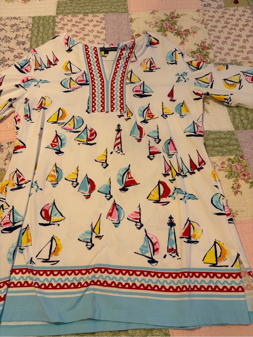 womens Nautical Sailboat Print Tunic Dress - White with Multi-Color